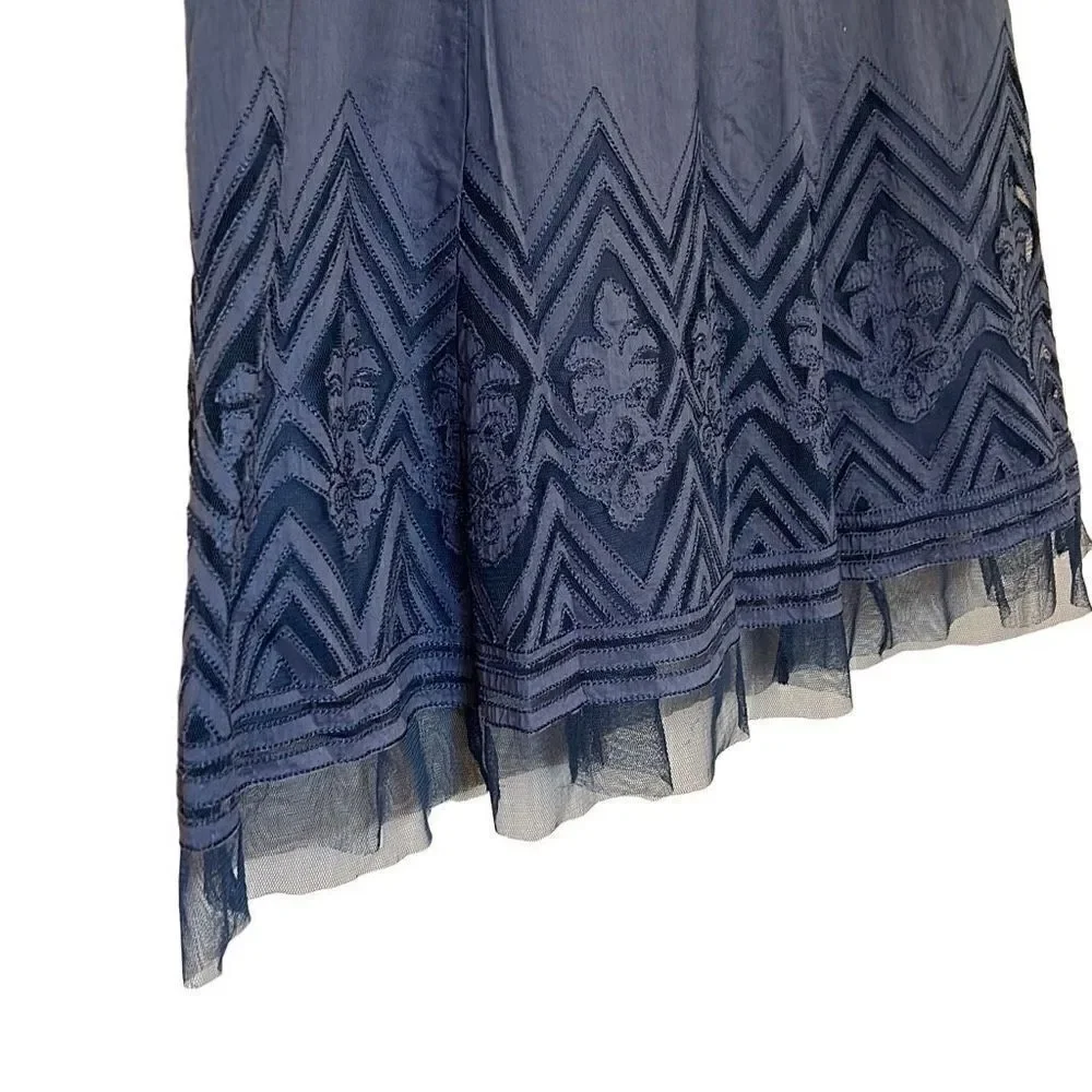Nine West Embroidered Lined Appliqué Tulle Trim Long Skirt Blue Size 4P